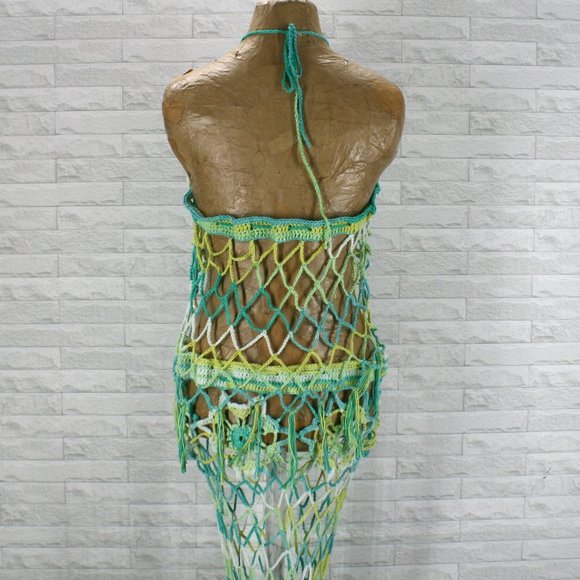 HAND CRAFTED Crochet Skirt Crop Top Set Mermaidcore Maxi Aqua One Size - Picture 6 of 16